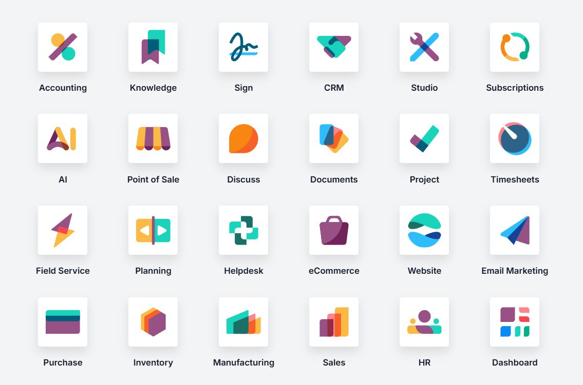 Odoo ilovalari: CRM, Sotuv, Ombor, Buxgalteriya, Ishlab chiqarish va boshqalar